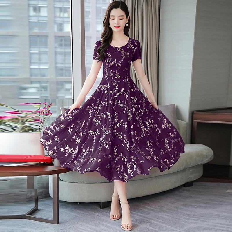 

Elegant O-neck Floral Print Chiffon Dress Spring Summer Short Sleeve High Waist Female Party Dresses Plus Size Vestidos