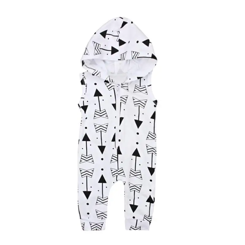 Cotton Baby Hooded Rompers Infants Arrow Print Jumpsuit Front Zipper