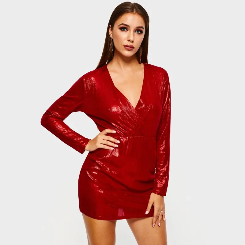 Red Sexy Bodycon Party Dress Mini Women Fashion Spring Metal Color