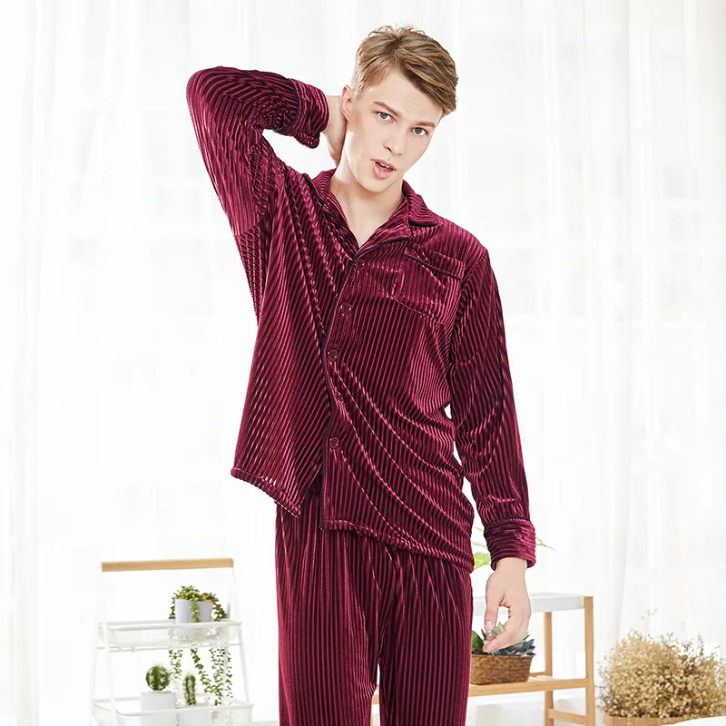 Для мужчин пижамный комплект осень-зима мужской пижамы пара Пижама теплая Пижама бархатный топ и брюки пижамы с длинными рукавами Домашняя