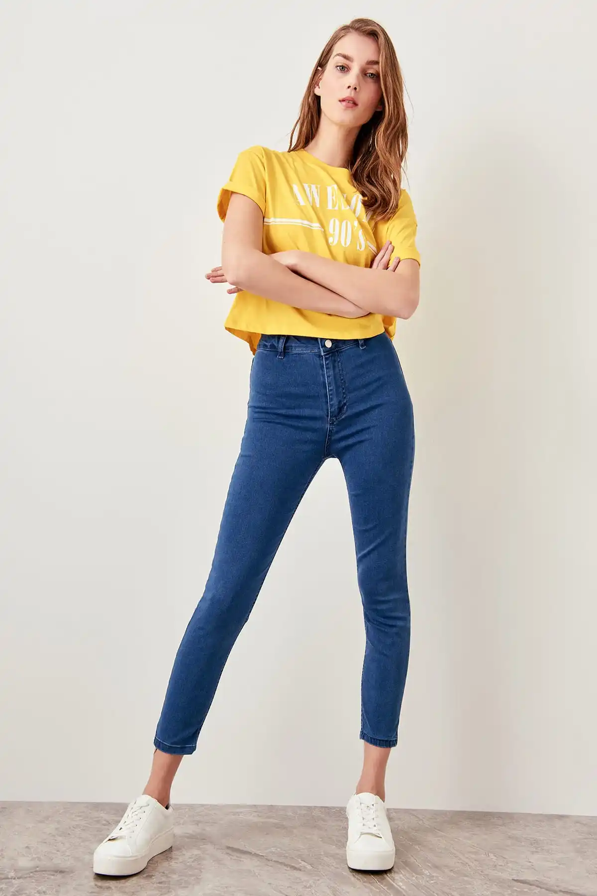 Trendyol синие джинсы с высокой талией Jegging деним молния карандаш повседневные узкие