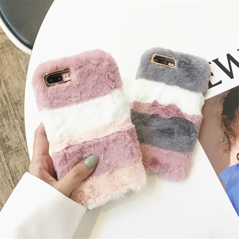 

Fluffy Fur Stripe pattern Silicone Phone Cases For iPhone X 8 7 6S Plus Case For iPhone 6 7 Back Cover Shell Plush Fundas Cover
