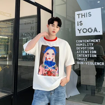 

2019 Spring Summer Korean Men Casual Loose Cartoon Printing White Cotton Top Tee Round Neck Short Sleeve T-shirt Homme M-XL