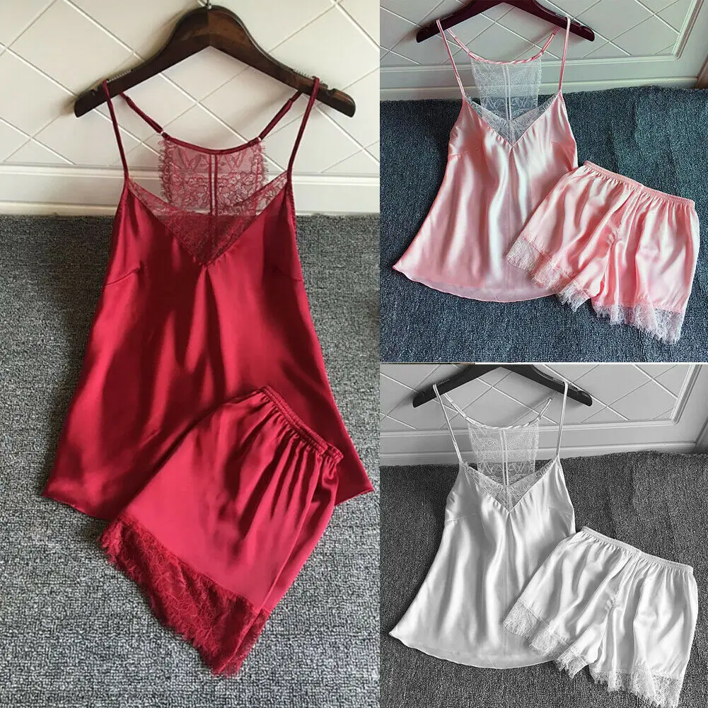 

2019 Newest Hot 2pcs/set Women Silk Satin Lace Robe Shorts Nightdress Sleepwear Babydoll Pajamas