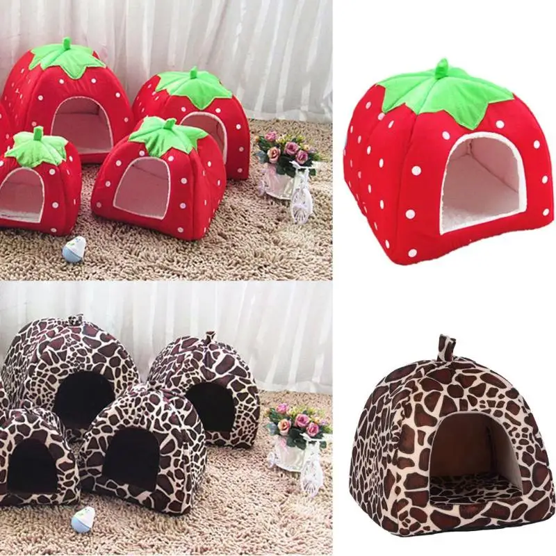 Soft Strawberry Leopard font b Pet b font Dog Cat House Tent Kennel Doggy Winter Warm