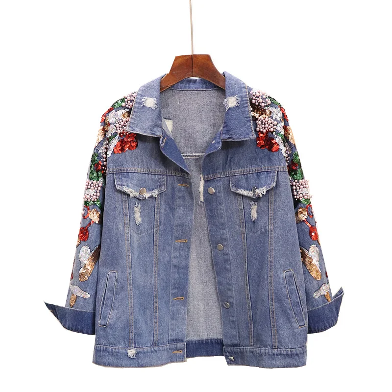 

LYFZOUS Beading Sequins Ripped Denim Jacket Spring Autumn Holes Jean Bomber Jacket Loose Blue coats With Pearls For Woman