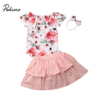 

pudcoco 2019 Children Clothing Suits For Girl Clothes Kids Toddler Romper +Skirt+Headband Enfant Fille Infantis Outfits