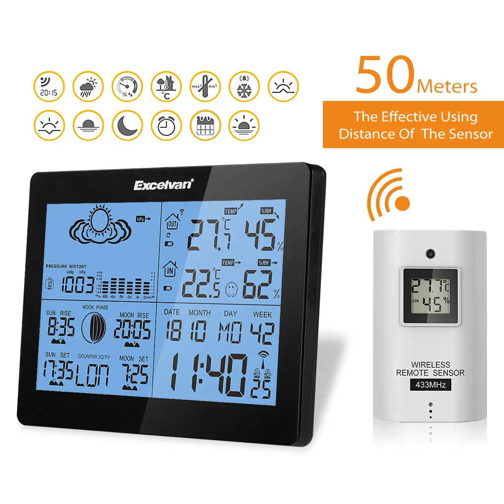 

EXCELVAN Wireless Weather Station Temperature Humidity Barometer Dual Alarm Weather Forecast Clock