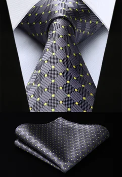 

Party Wedding Classic Fashion Pocket Square Tie New Gray Plaids Yellow Dot Mens Tie Woven Silk Necktie Hanky Set TC3040A8S