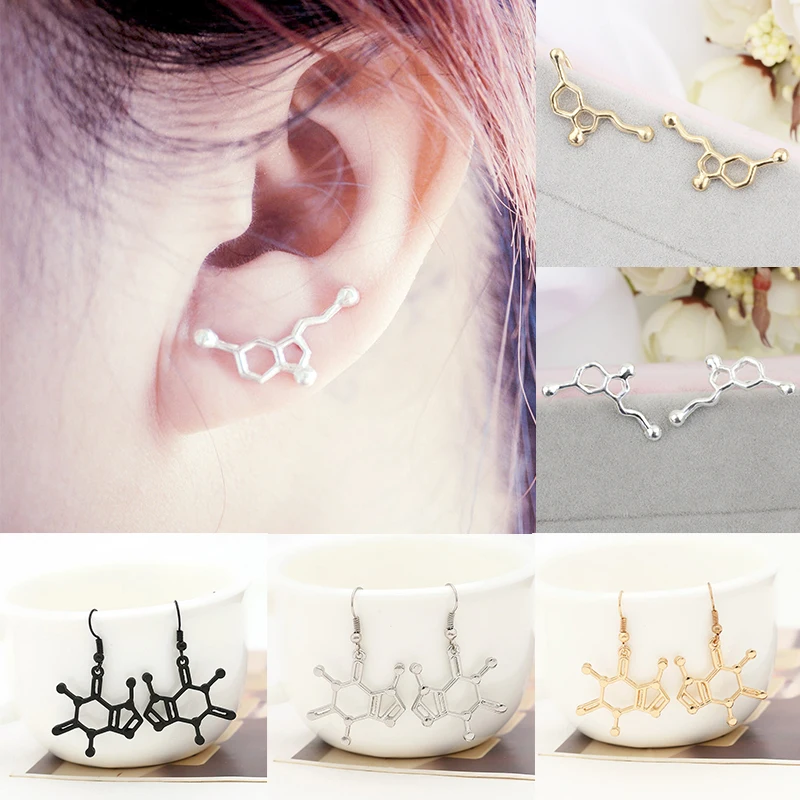 

Girls Party Chemistry Golden Structure Science 1Pair Hot Sale Unique Black Silver Biochemistry Molecular Model Graceful Earring