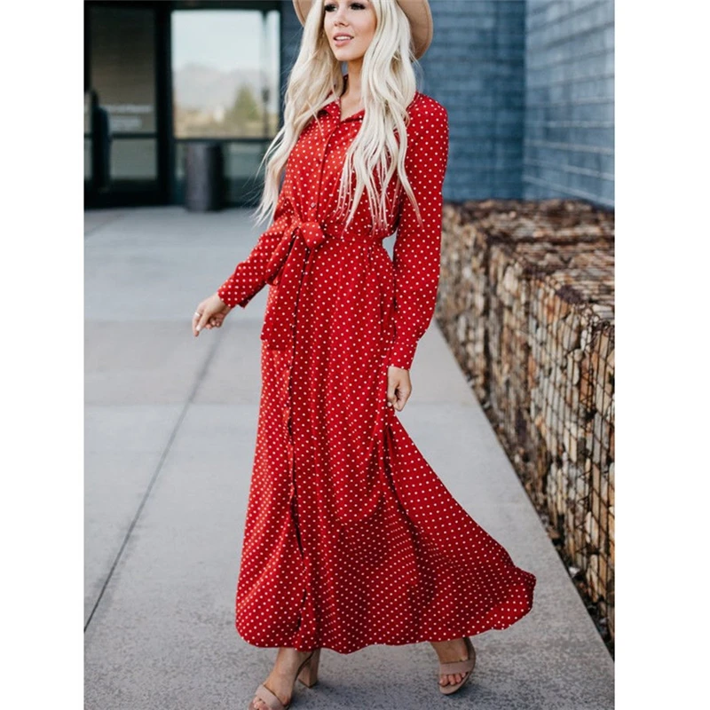 

new women dots vintage long shirtdress female holiday long slim long sleeve buttons casual long dress beach party clubwear dress