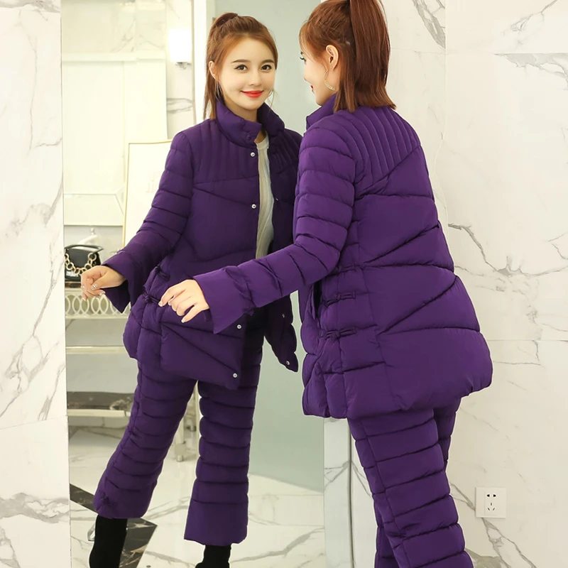 Женский винтажный Зимний пуховик, костюм из хлопка, женская мода, стоячий воротник, карманы, теплый комплект из двух предметов, тонкая верхняя одежда, штаны, H207