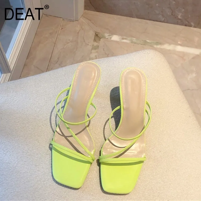 

[DEAT] 2019 New Spring Summer Square Toe Shallow PU Leather Narrow Band Thin High Heels Slippers Women Shoes Fashion Tide 10A315