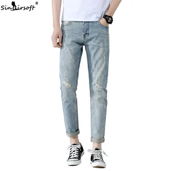 

New Summer Men's Cropped Feet Jeans High Quality Clothing Cotton Elastic Slim Retro Jeans Blue Jeans Fashion Shredded Jeans