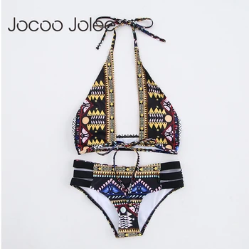 

Jocoo Jolee Sexy Halter Geometric Women Summer Beach Suits Lace-up Design Shorts&Camis 2Pcs 2018 Party Wearings Spring&Summer