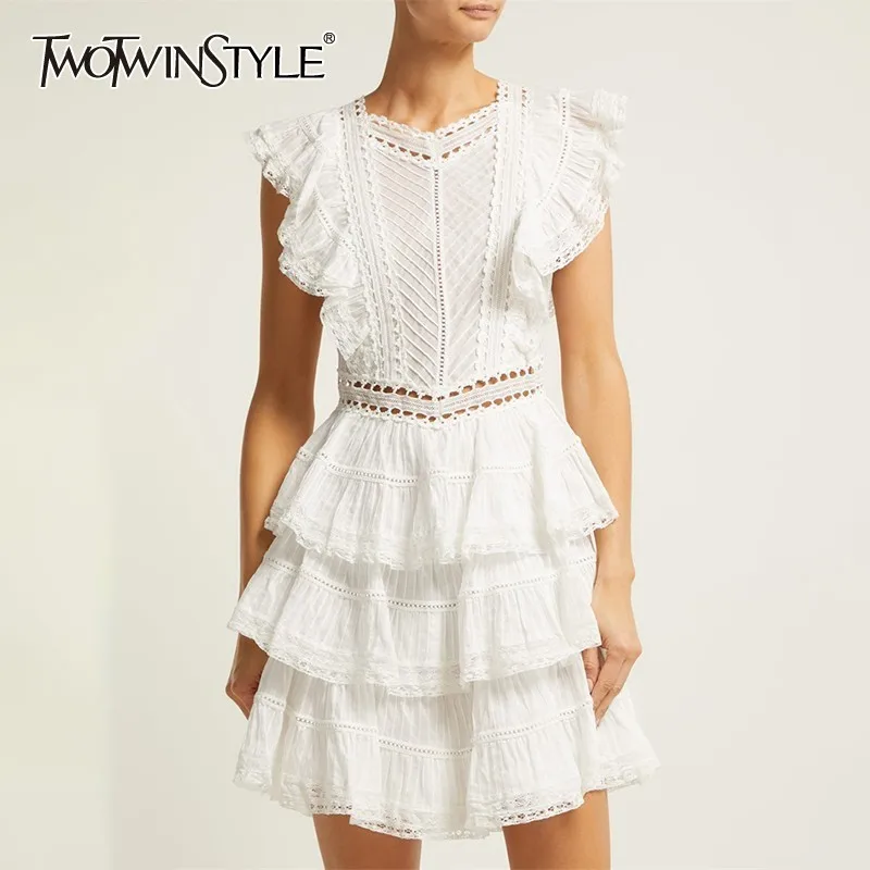 

TWOTWINSTYLE Lace Patchwork Sleeveless Women Dress High Waist Hollow Out Ruffles Backless Bandages Mini Female Dresses Spring