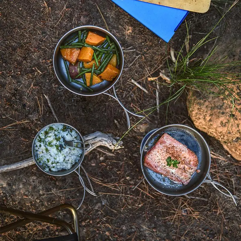 2019 portátil al aire libre de titanio olla sartén ultraligero Camping senderismo Picnic juego de vajilla con empuñadura plegable