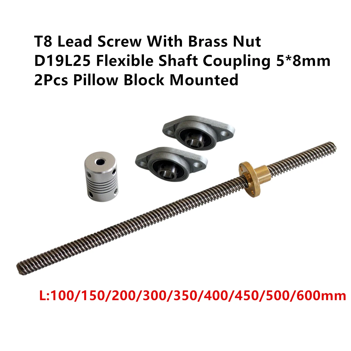 T8 Lead Screw Set Lead 2/8mm Coupling Mounting Bearing 100~1200mm CNC 3D Printer 