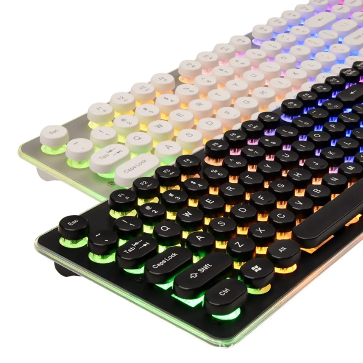 

Gaming Russian Keyboard Retro Round Glowing Keycap Metal Panel Backlit USB Wired Metal Panel Illuminated Border Waterproof