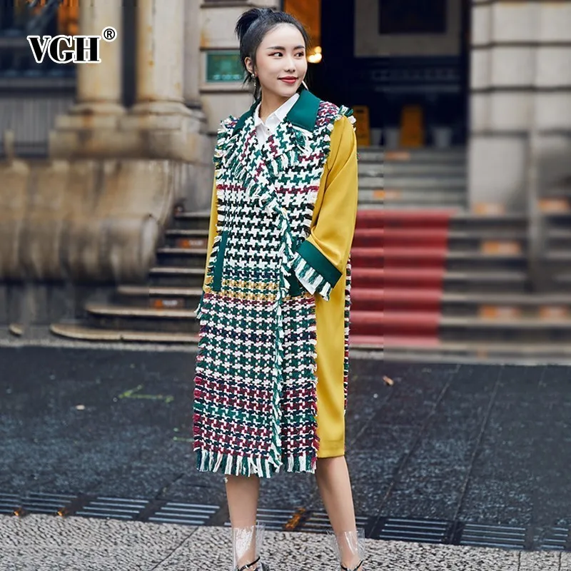 VGH Women's Tassel Coat Turn Down Collar Long Sleeve Double Breasted Hit Color Plaid Jackets For Women Autumn Fashion Clothing