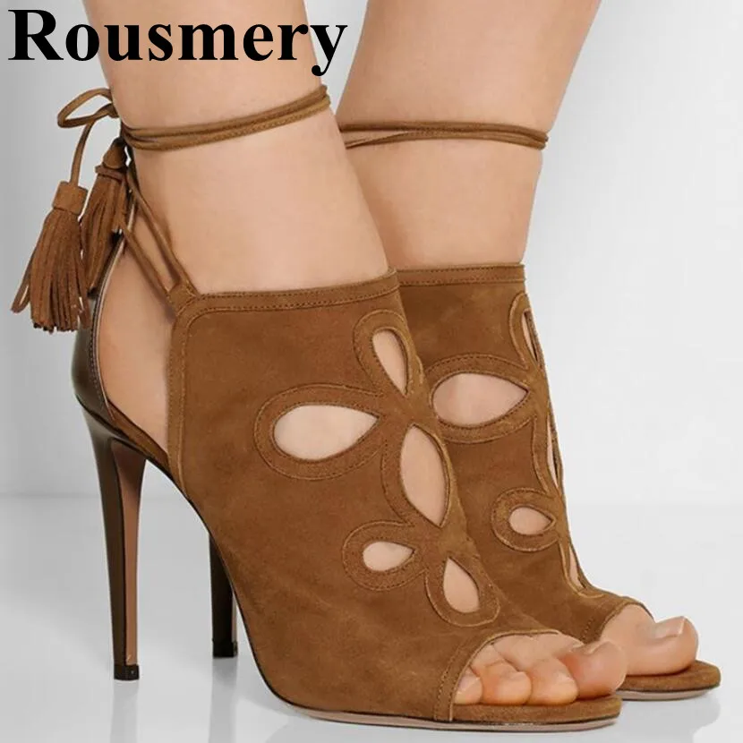 

2019 Newest Rome Style Sexy Thin High Heel And Open Toe Flower Hollow Cover Heel Cross-tied Summer Fashion Sandals