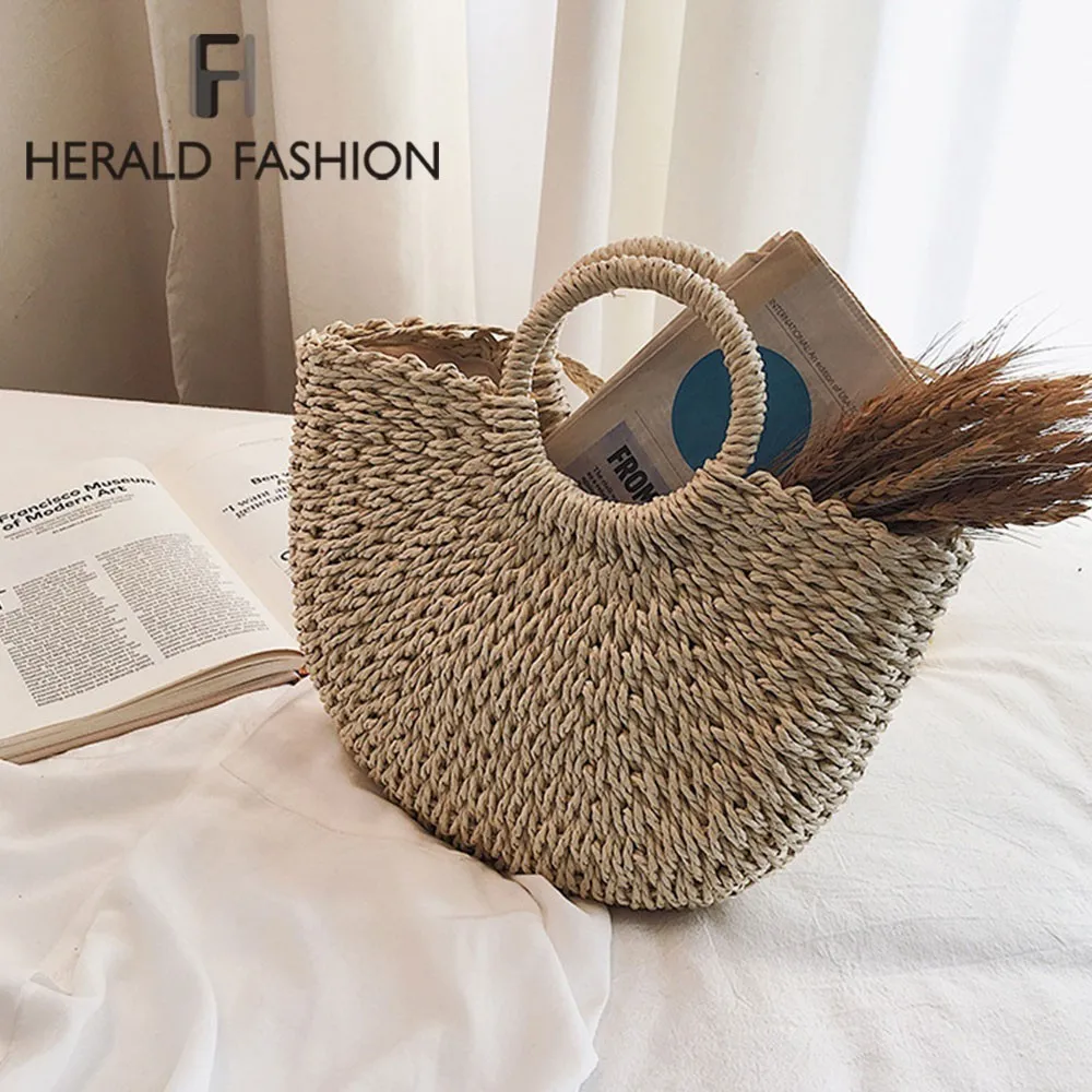 

Herald Fashion Women Weaving Straw Bag Summer Wrapped Beach Bag Moon shaped Female Shoulder Bag High Capacity Tote Bag Bohemia
