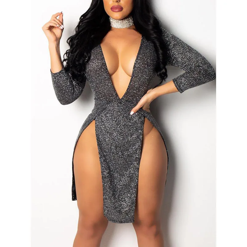 

Sexy Deep V-Neck Party Dress Women Sexy Dress Sparkly Long Sleeve Bandage Bodycon Mini Dress Party Gown Clubwear