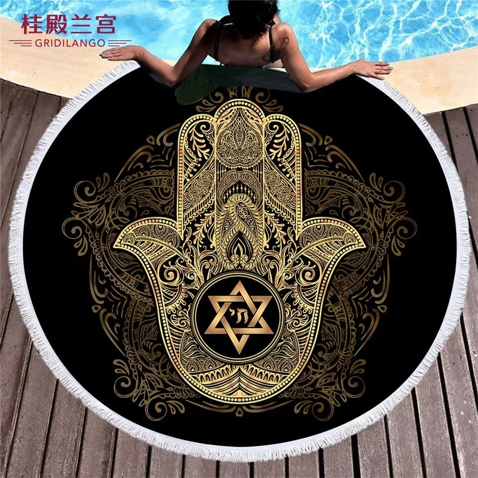 

GRIDILANGO Black Gold Hand Of Fatima Round Beach Towel For Adult Quickly Absorbtable Swimming Travel Outdoor Yoga Mat Bath Towel