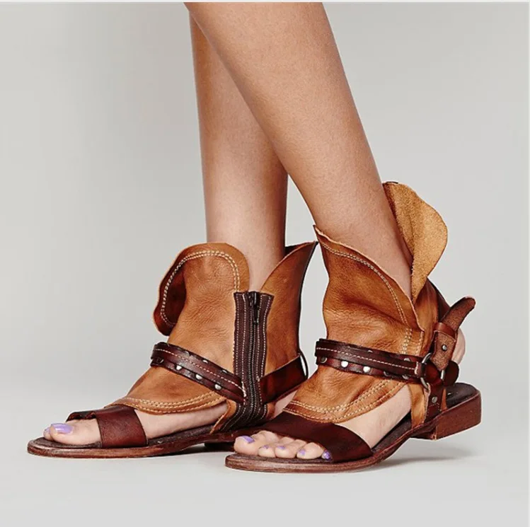 

2019 summer Rome new flat sandals large size gladiator women sandals Peep Toe Buckle Strap Zipper Design Women Flats Shoes