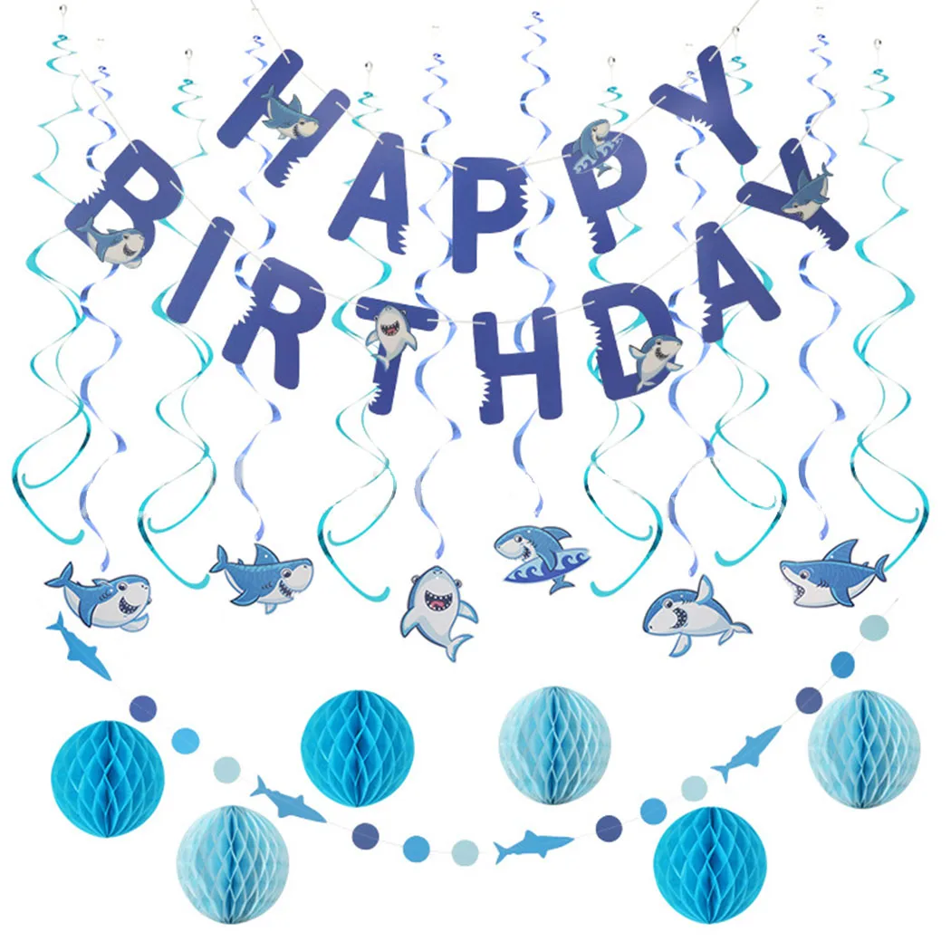 

Birthday Decoration Set Cute Shark Hanging Swirl with Honeycomb Ball & Banner for Kids Birthday Party Decor