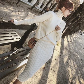 

2019 spring sweater skirt 2 Piece Set Women Long Sleeve Turtleneck Pullover Sweater + Split Pencil Skirt Set Lady Suit