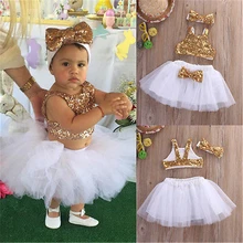 Для малышей, для новорожденных девочек с блестками Топы+ юбка-пачка, повязка на голову, 3 предмета в комплекте платье Новая одежда для маленьких девочек с блестками Милая qallus юбка