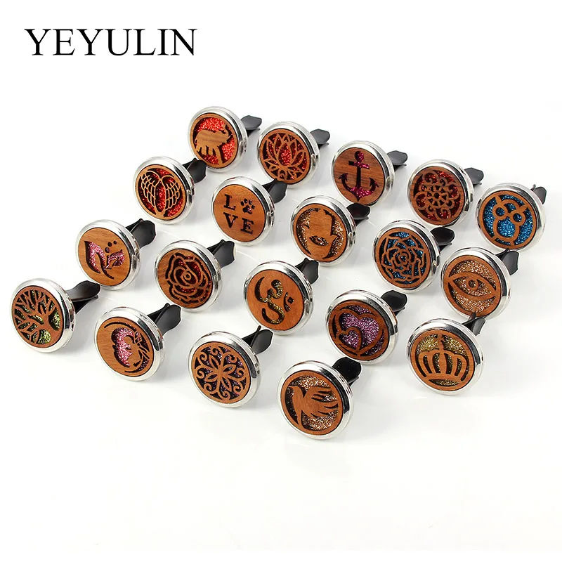 

100Pcs Mixed Essential Oil Car Diffuser Crown Yoga OM Pattern Wood Stainless Steel Aromatherapy Locket Vent Clip With Pads