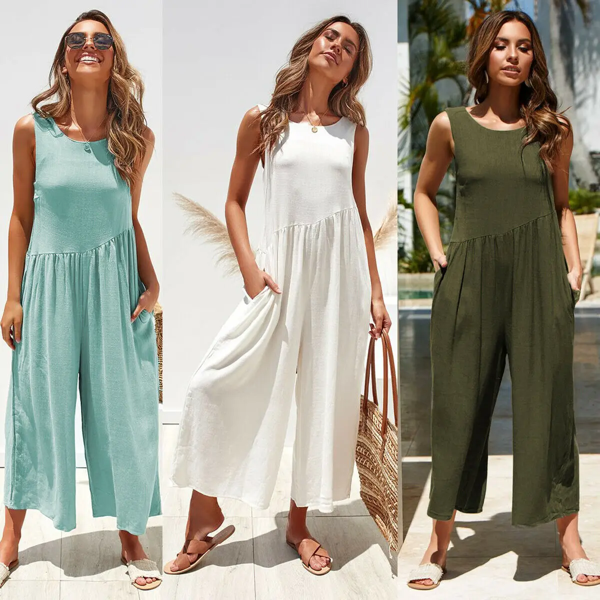 

2019 New arrival sexy spring summer o-neck solid Women Sleeveless Jumpsuit Casual Loose Clubwear Wide Leg Pants Clothes Summer