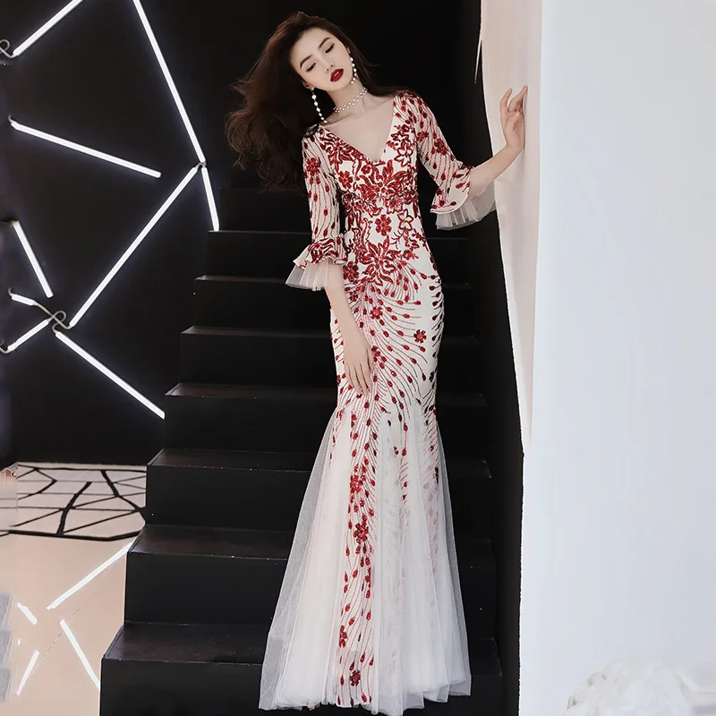 

Sequin Shirt Noble Elegant Birthday Party Dames Jurken Long Sexy Mermaid Clothing Host Sommerkleid Haute Couture Art A197