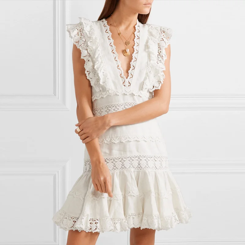 

Self Portrait dress Elegant V Neck Butterfly Sleeve Ruffles Hollow Out Women robe femme Beach Party Sexy Sleeveless vestidos