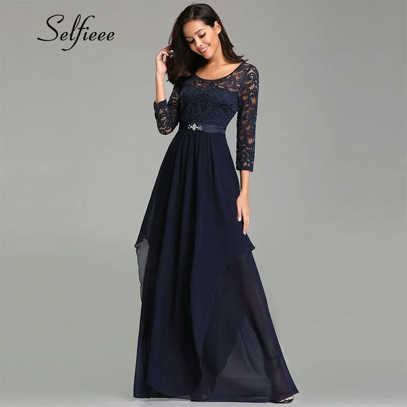 New Autumn Winter  Navy  Blue  Formal  Party Dress  With Sleeve 