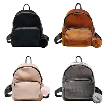 

Casual Women Corduroy Hair Ball Backpack Preppy Style Small Student Shoulder Travel Schoolbags