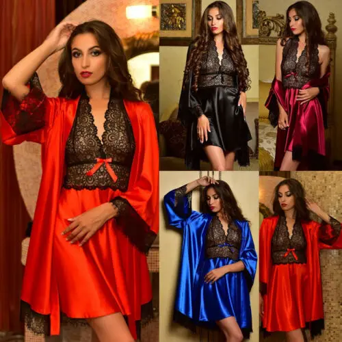 

Sexy Lingerie Sets Women Silk Lace Robe Dress Babydoll Nightdress Nightgown Sexy Sleepwear