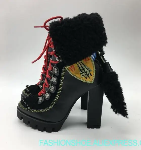 

new fashion chunky high heel woman fur inside ankle boots national style lace up fur winter chunky heel women boots real photos