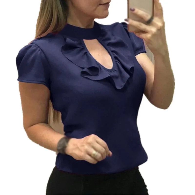 

2019 Summer Women Office Lady Blouses Fashionshort Sleeve Ruffle Shirt Casual Elegant O-Neck Hollow Out Shirts