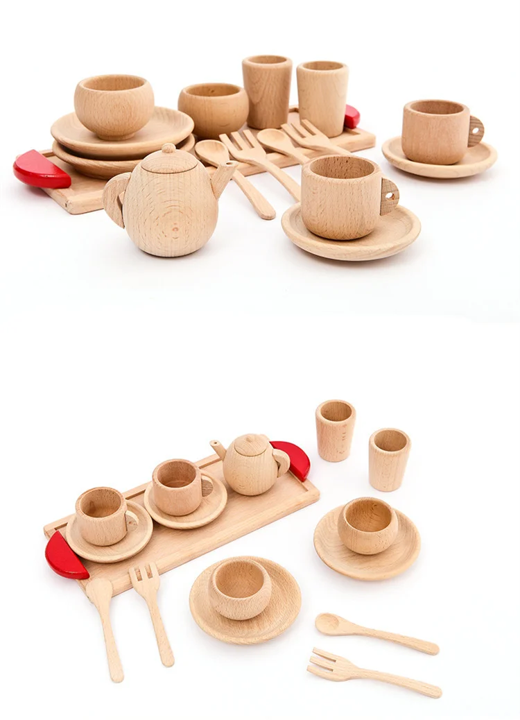 Деревянный чайный сервиз из бука, деревянные игрушки для детей, чайная ложка, чайник с клубникой, чайные инструменты, развивающий подарок