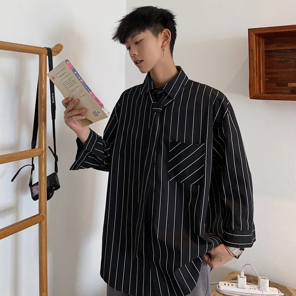 

The new listing Men's Stripe Printing Seven Part Sleeve Shirts Necktie Decoration French Cuff Fashion Black men dress shirt
