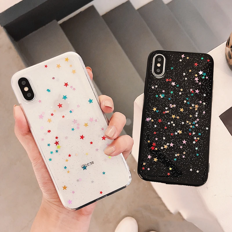 

Colorful Stars Sequin Phone Case For iPhone X XS XR XS Max 6 6S 7 8 Plus Soft Epoxy Bling Transparent Phone Back Cover Case Gift