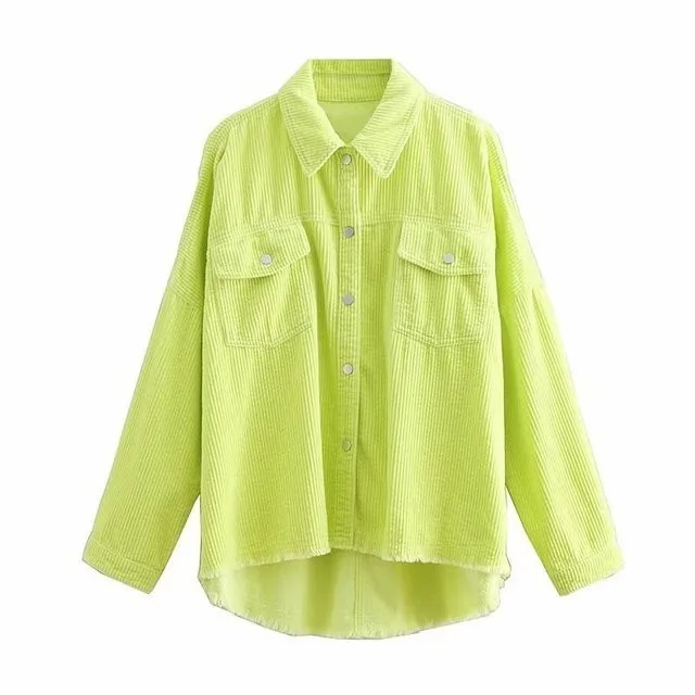 

Spring Women Bright Green Color Corduroy Jacket Loose Single Breasted irregular Coat Fashion Button Down Tassel Jacket A9286