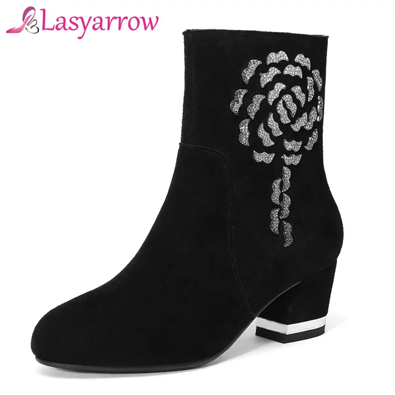 

Lasyarrow Winter Boots Women 2018 Black Ankle Boots For Women Thick Heel Ladies Shoes Boots Zipper Bota Feminina Mujer Crystal