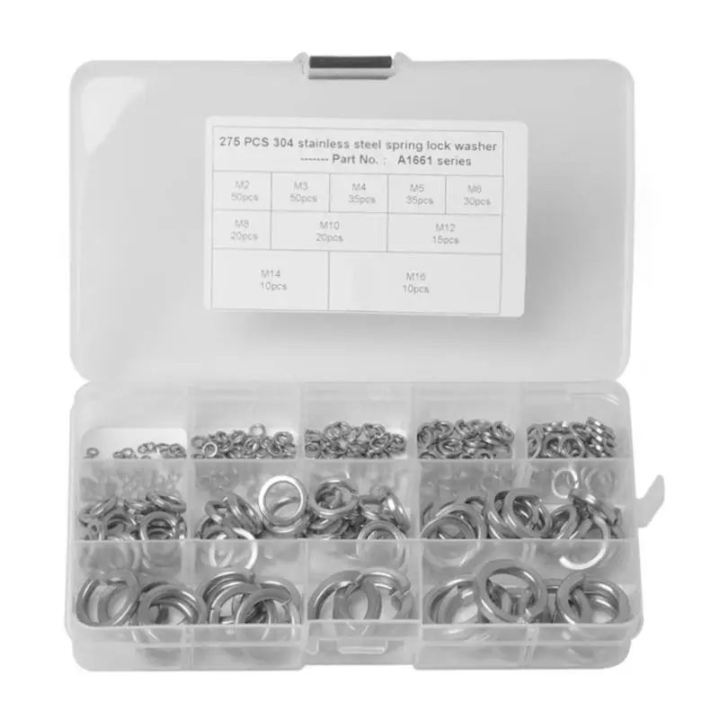 

VODOOL 275pcs Spring Washers Stainless Steel Split Lock Washers M2 M3 M4 M5 M6 M8 M10 M12 M14 M16 Car Full Set Gaskets