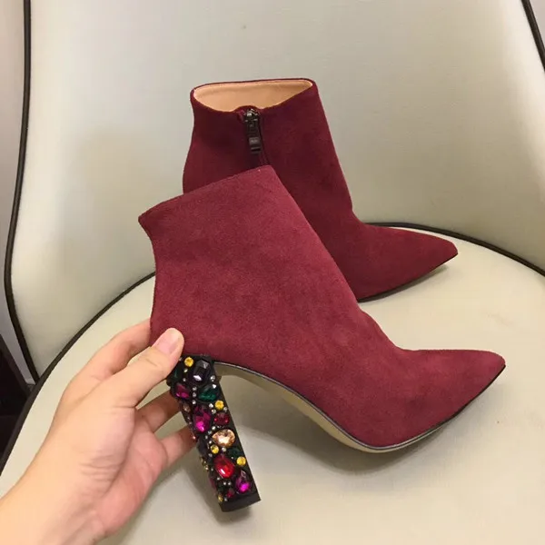 

botas mujer 2018 Leather Shoes Woman High Crystal Heels Pointed Toes Boots Woman Ankle Woman Boots Woman Shoes bota feminina