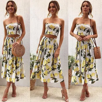

Sexy Strapless Printing Lemon Sunflower Twinset Two 2 Piece Set Women