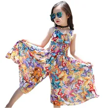 Летнее богемное пляжное брючный костюм с бретельками для девочек, детские широкие комбинезоны с цветочным принтом, шифоновая Праздничная пляжная одежда для детей